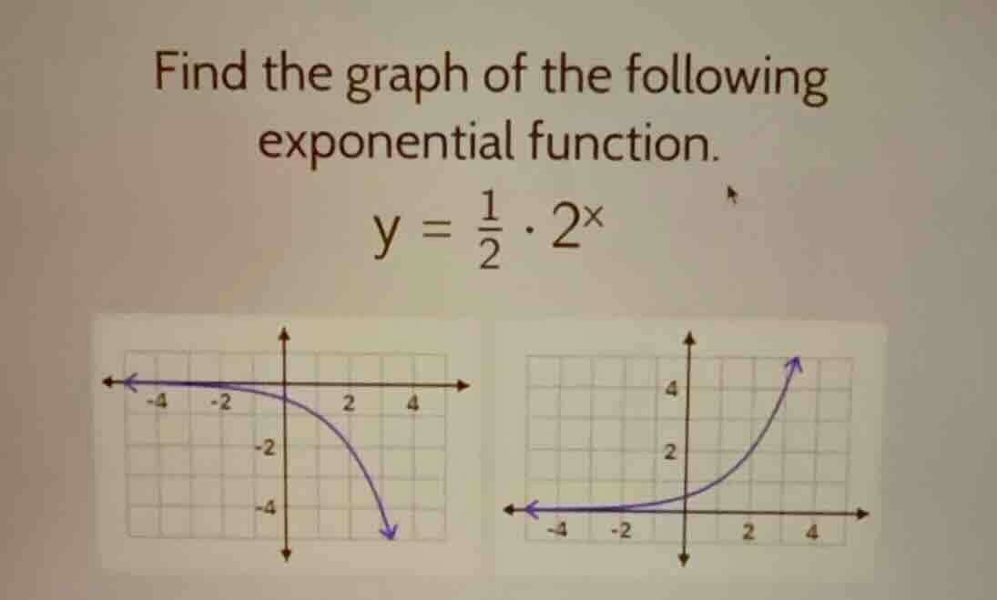 find the graph of the following exponential function. $y = \\frac{1}{2}…