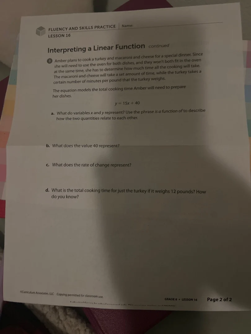 fluency and skills practice name: lesson 16 interpreting a linear funct…