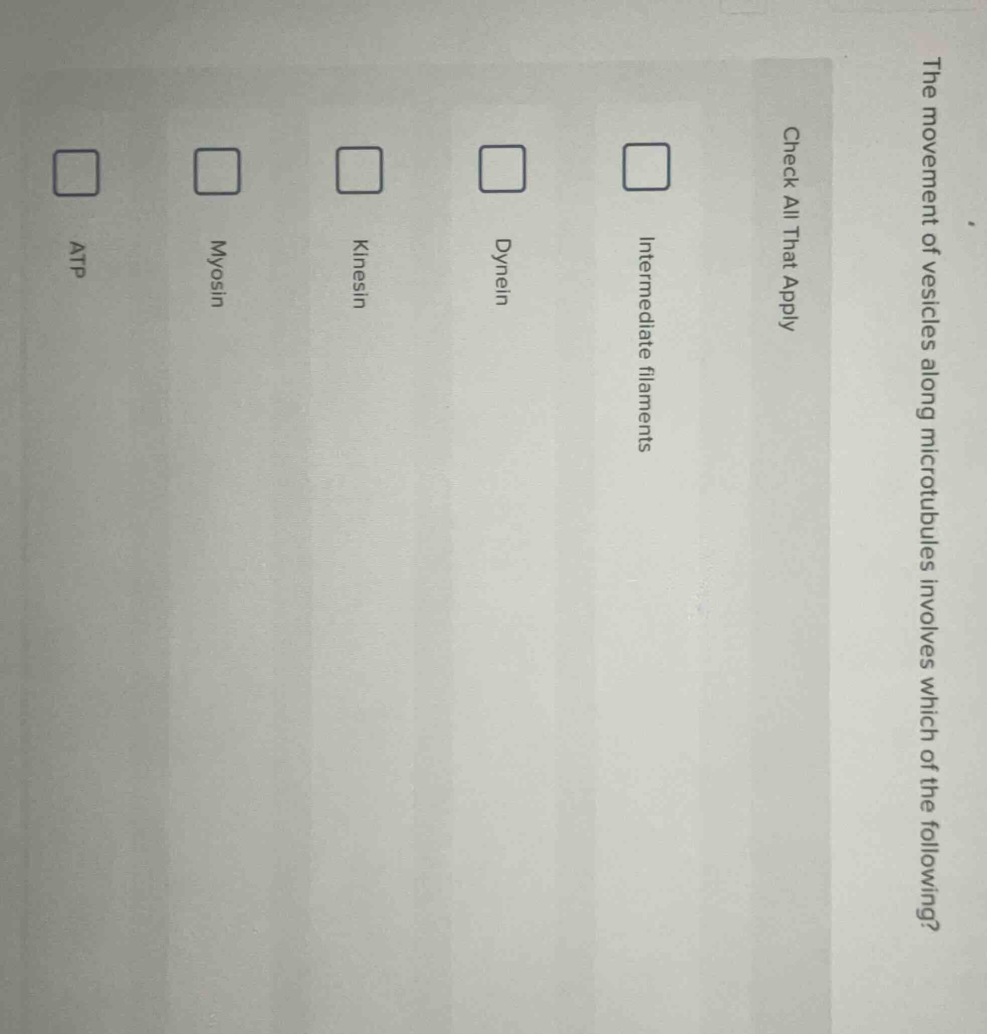 the movement of vesicles along microtubules involves which of the follo…