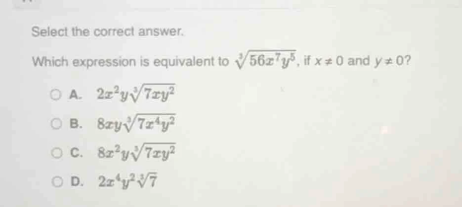 select the correct answer. which expression is equivalent to $sqrt3{56x…