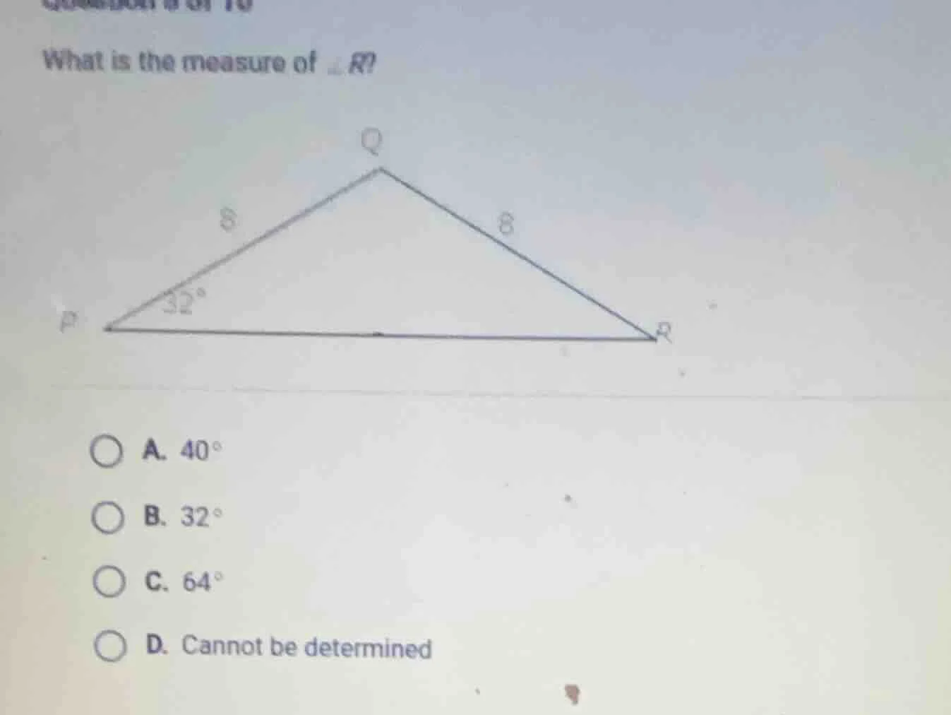 what is the measure of $angle r$? a. $40^circ$ b. $32^circ$ c. $64^circ…