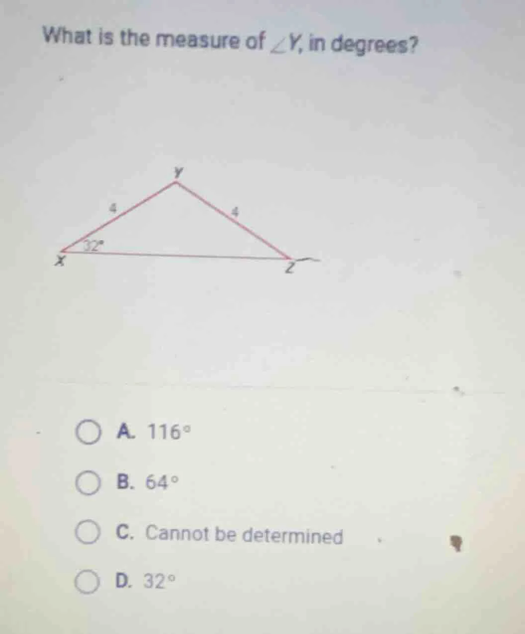 what is the measure of $angle y$, in degrees? a. $116^circ$ b. $64^circ…
