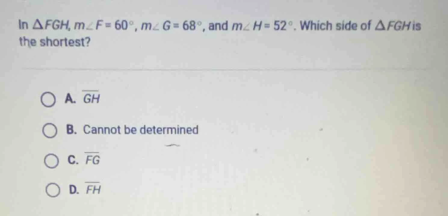 in $\triangle fgh$, $mangle f = 60^circ$, $mangle g = 68^circ$, and $ma…