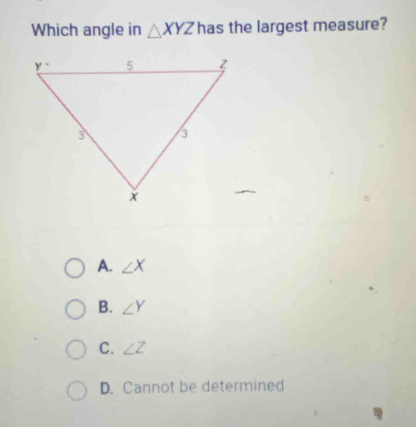 which angle in $\triangle xyz$ has the largest measure? a. $angle x$ b.…