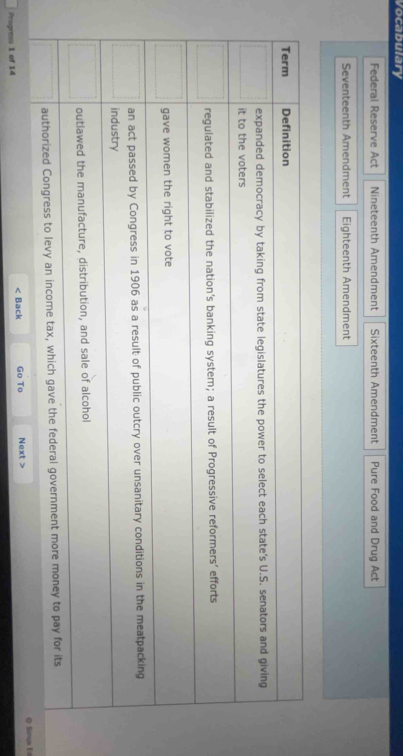 vocabulary federal reserve act nineteenth amendment sixteenth amendment…