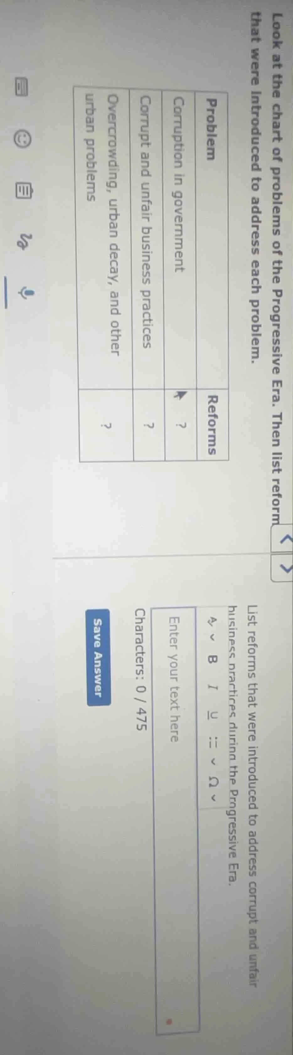 look at the chart of problems of the progressive era. then list reforms…