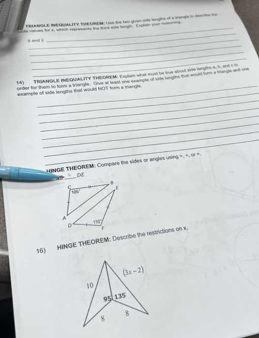 triangle inequality theorem: use the two given side lengths of a triang…