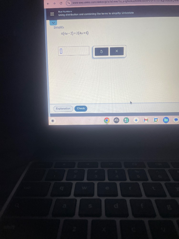 real numbers using distribution and combining like terms to simplify: u…