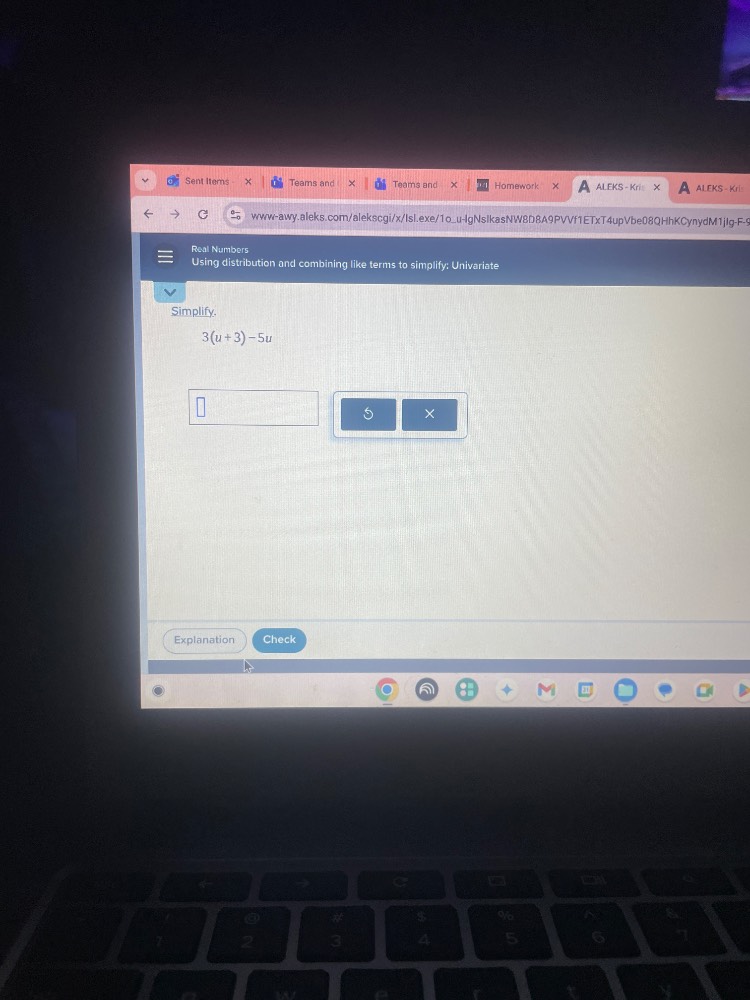 real numbers using distribution and combining like terms to simplify: u…