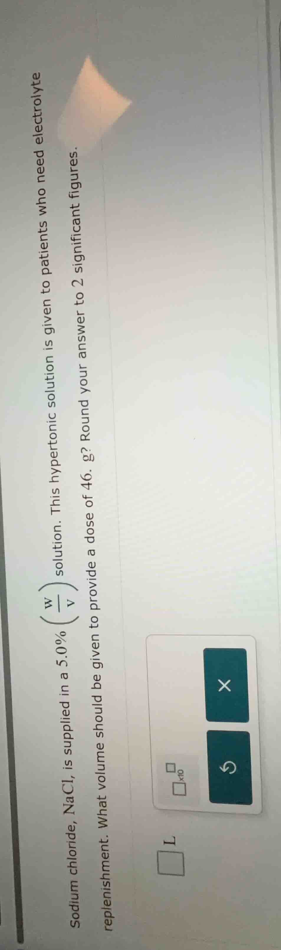 sodium chloride, nacl, is supplied in a 5.0% $left(\frac{\text{w}}{\tex…