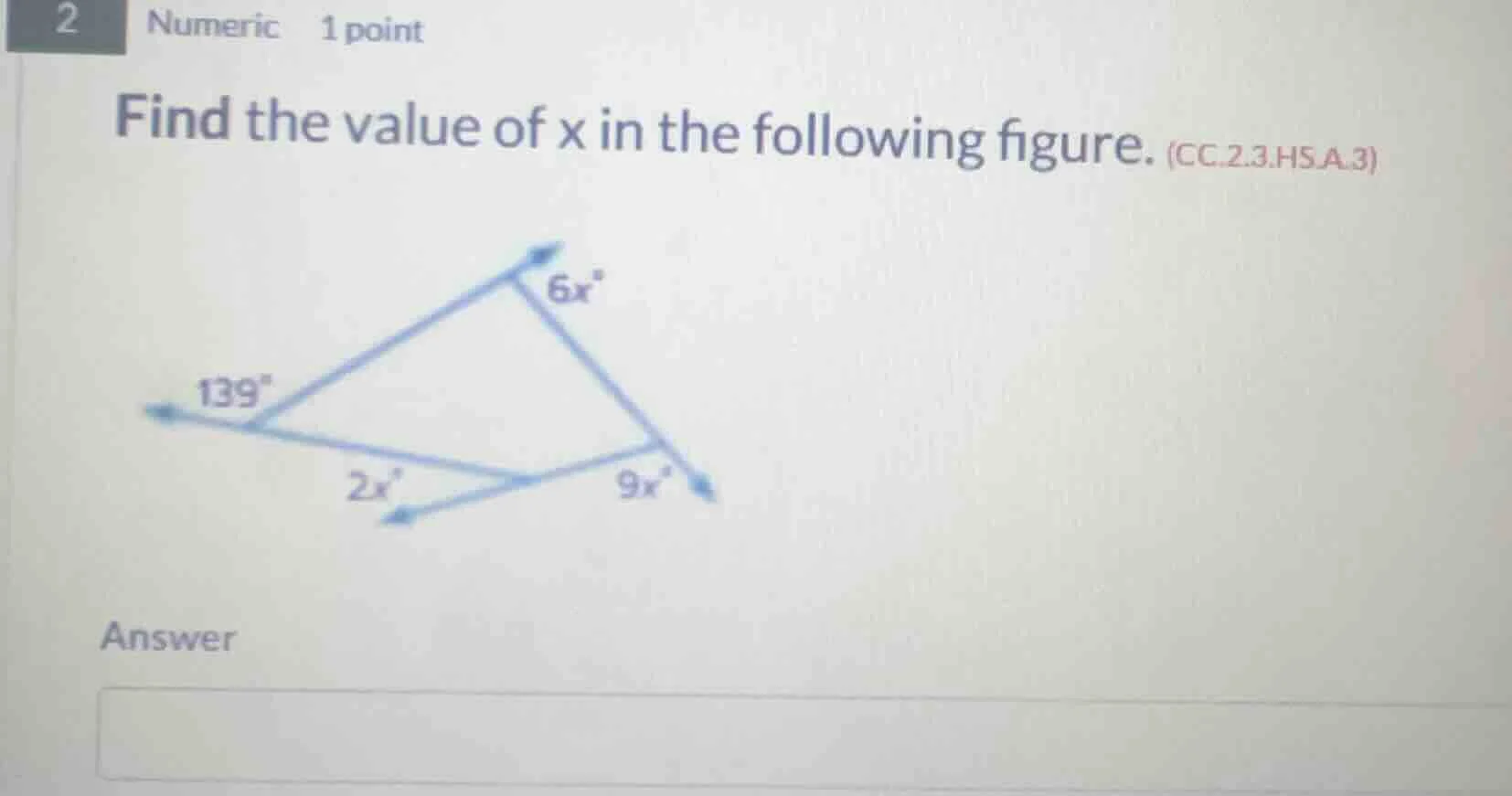 2 numeric 1 point find the value of x in the following figure. (cc.2.3.…