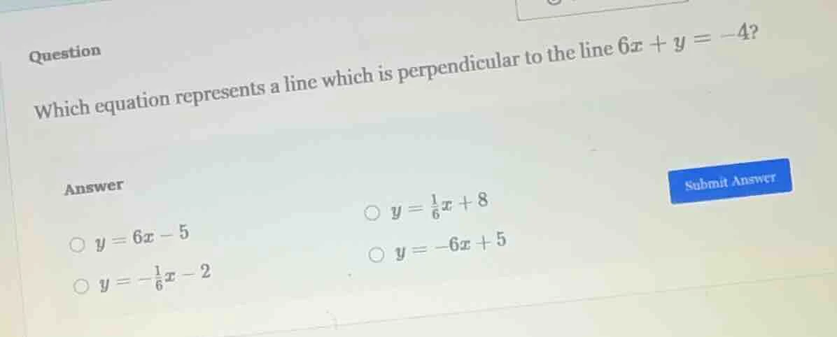 question which equation represents a line which is perpendicular to the…
