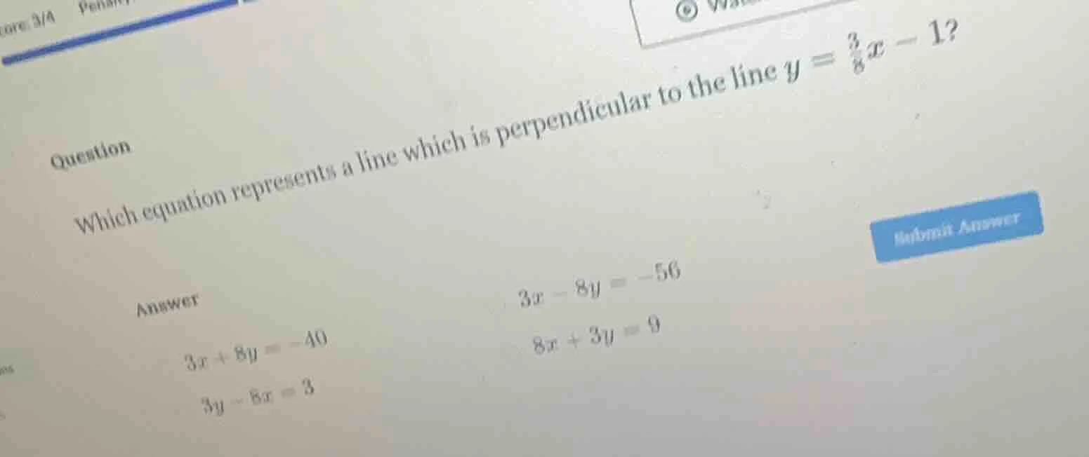 question which equation represents a line which is perpendicular to the…