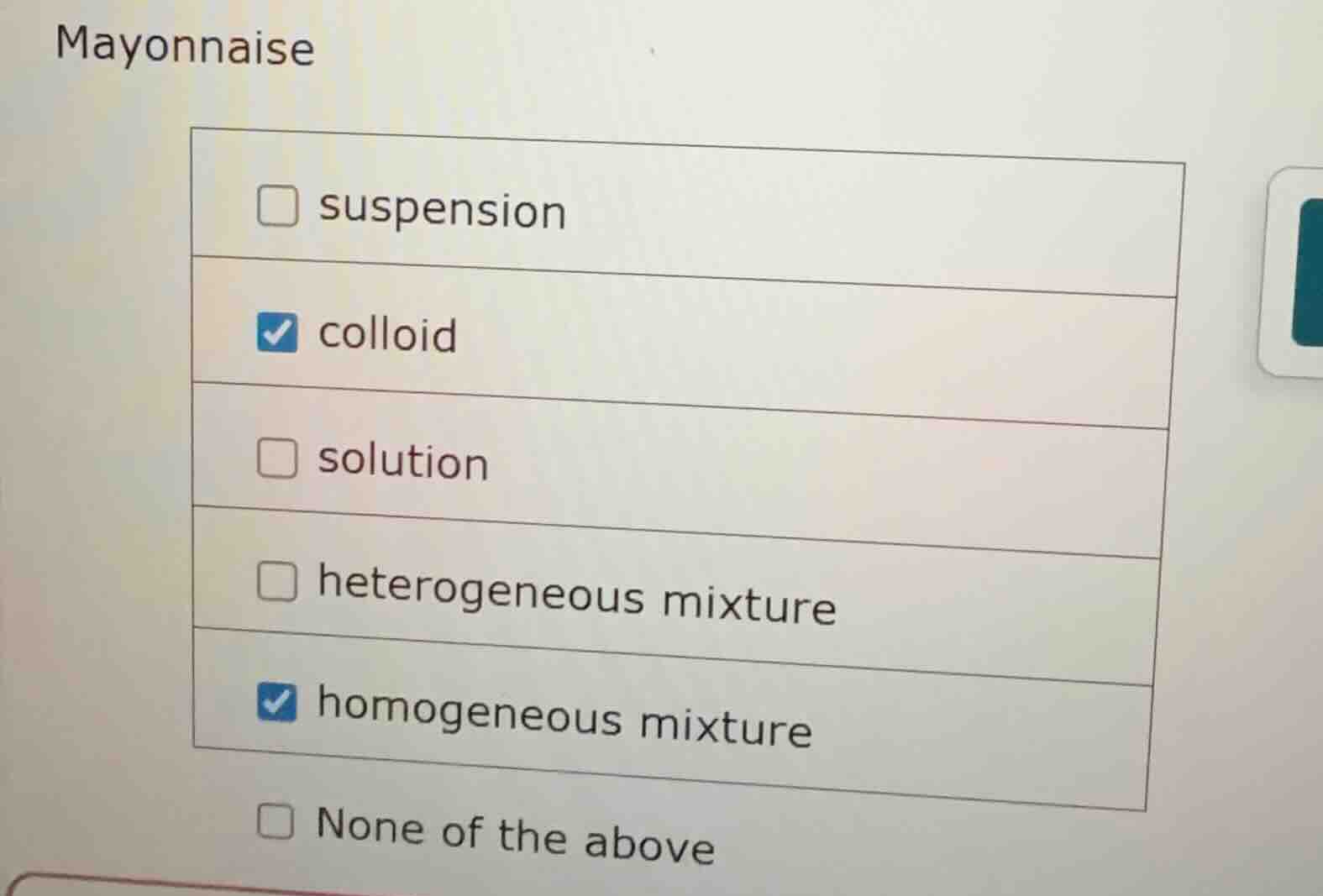 mayonnaise□ suspension☑ colloid□ solution□ heterogeneous mixture☑ homog…