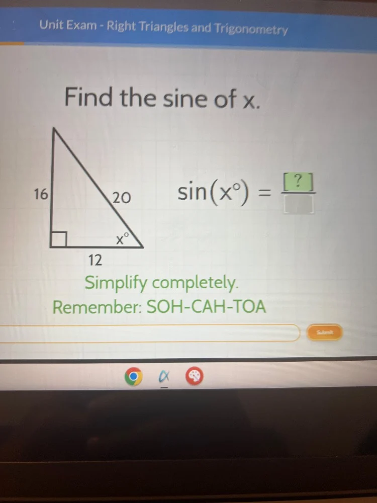 unit exam - right triangles and trigonometry find the sine of x. $\\sin…