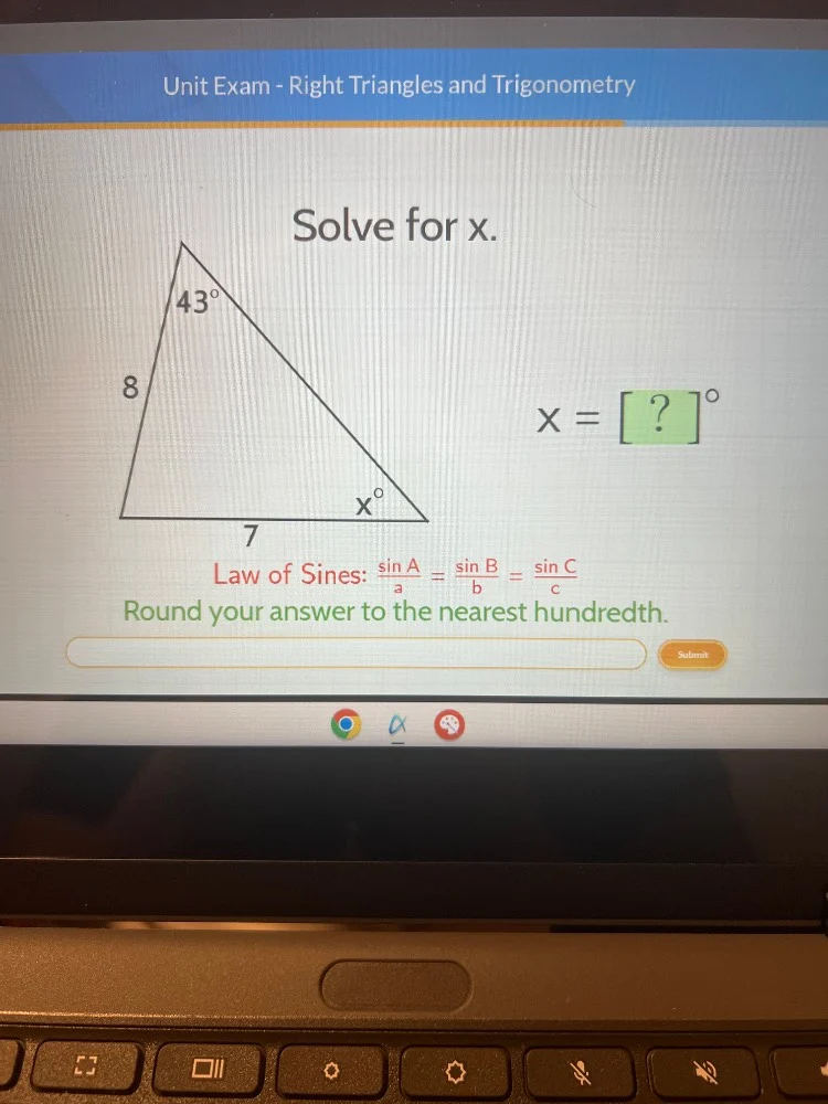 unit exam - right triangles and trigonometry solve for x. 8 7 $x = \\bo…