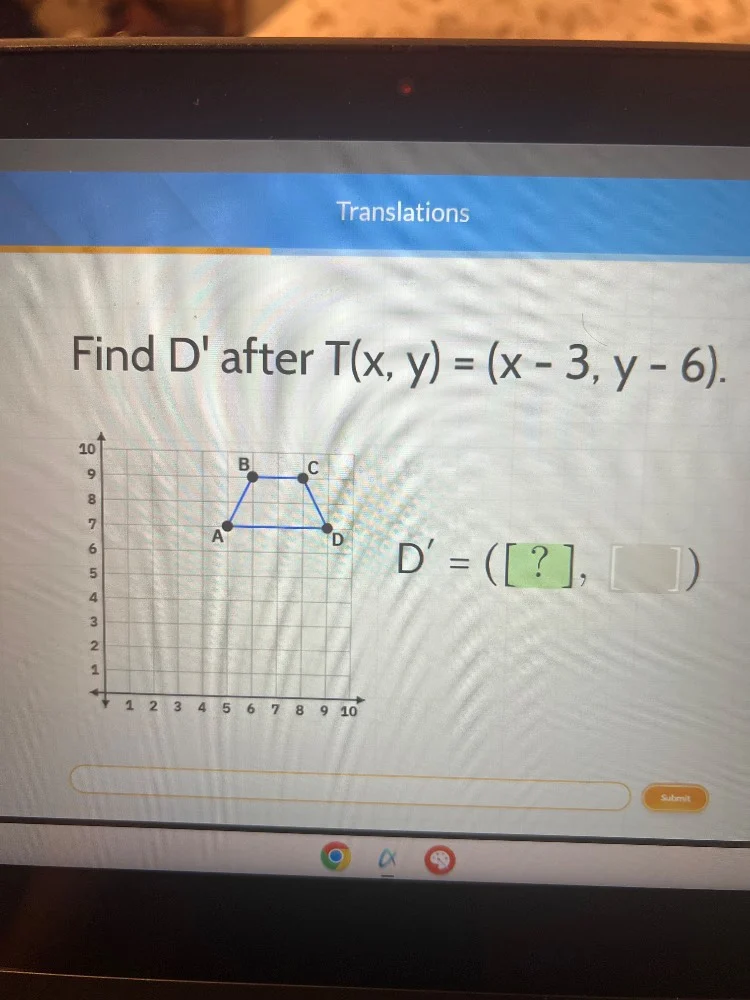 translations find d after $t(x, y) = (x - 3, y - 6)$. $d = (?, \\quad )$
