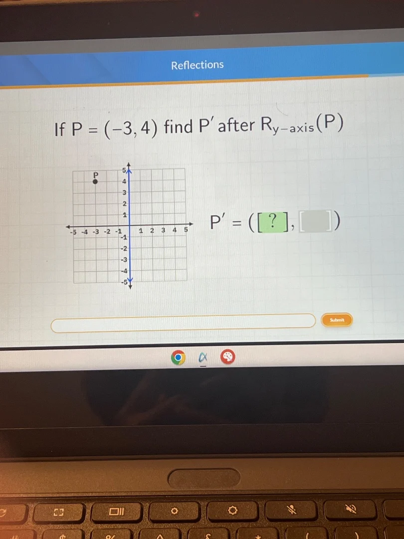 reflections if $p = (-3, 4)$ find $p$ after $r_{y-axis}(p)$ $p = (?, \\…
