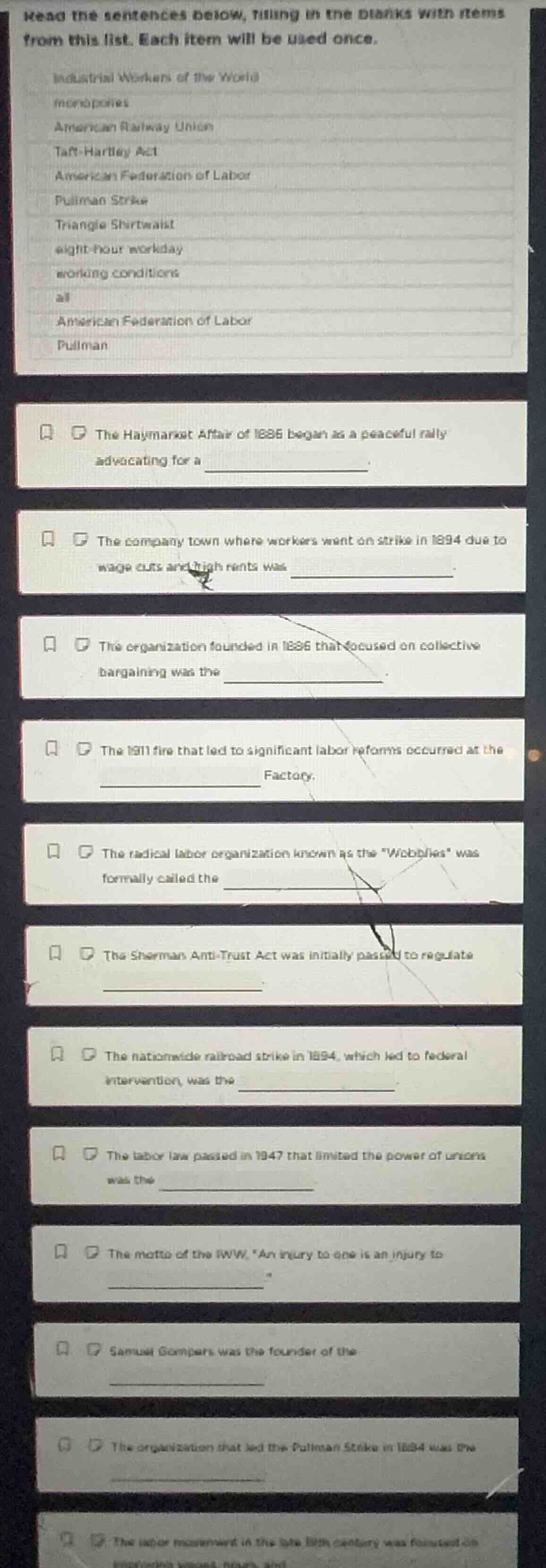 read the sentences below, filling in the blanks with items from this li…