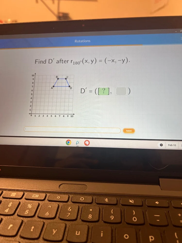 rotations find d after $r_{180^{\\circ}}(x,y)=(-x,-y)$. $d = (?, \\ \\ …