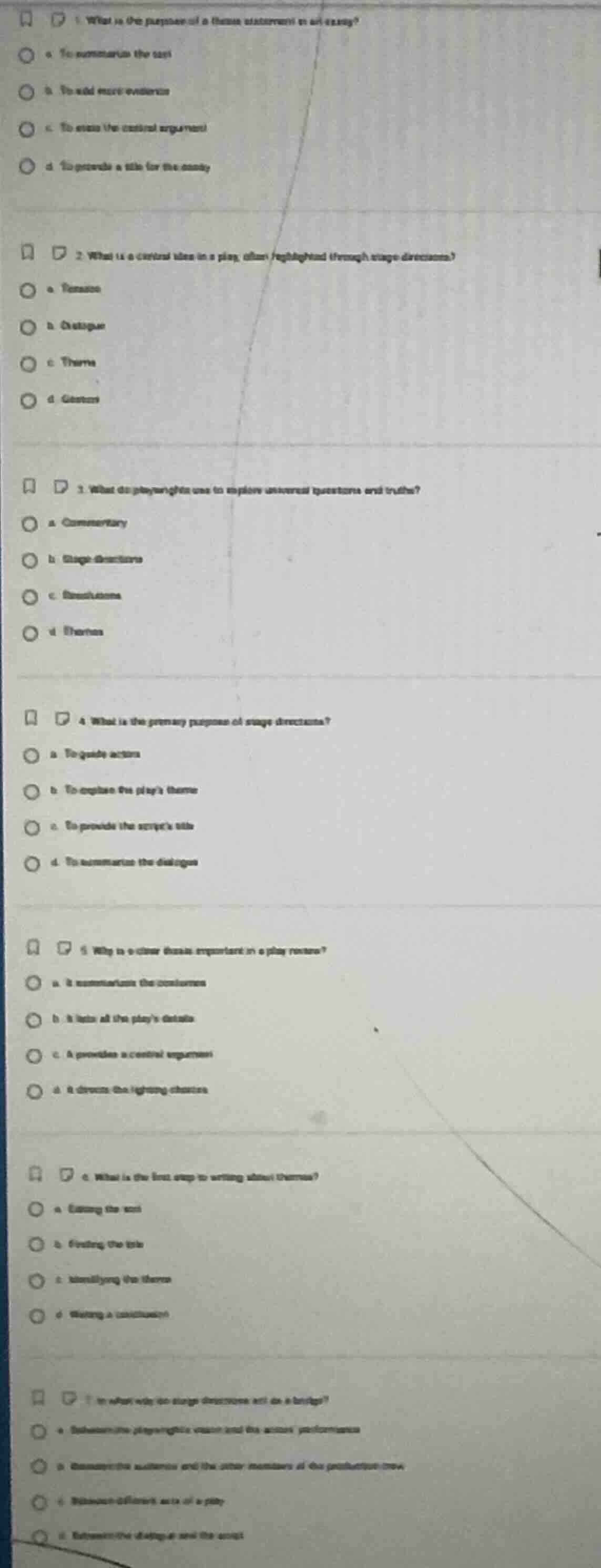 1. what is the purpose of a thesis statement in an essay?a. to summariz…