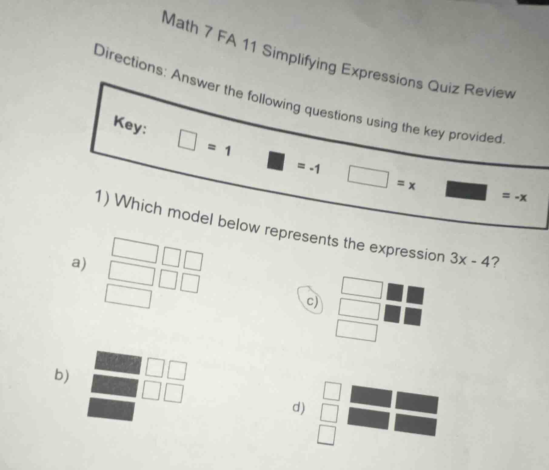 math 7 fa 11 simplifying expressions quiz review directions: answer the…