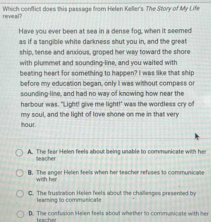 which conflict does this passage from helen kellers the story of my lif…