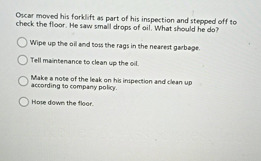 oscar moved his forklift as part of his inspection and stepped off to c…