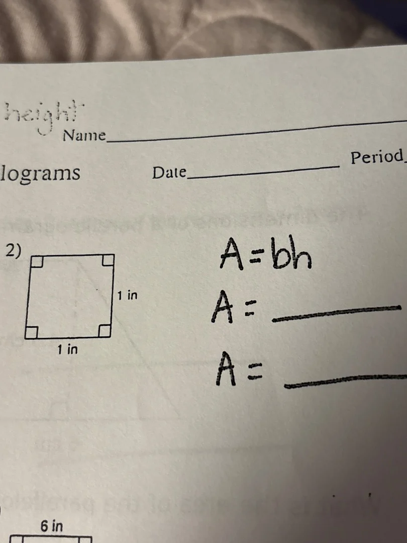 height name_________ lograms date_________ period 2) $a=bh$ $a=$ ______…