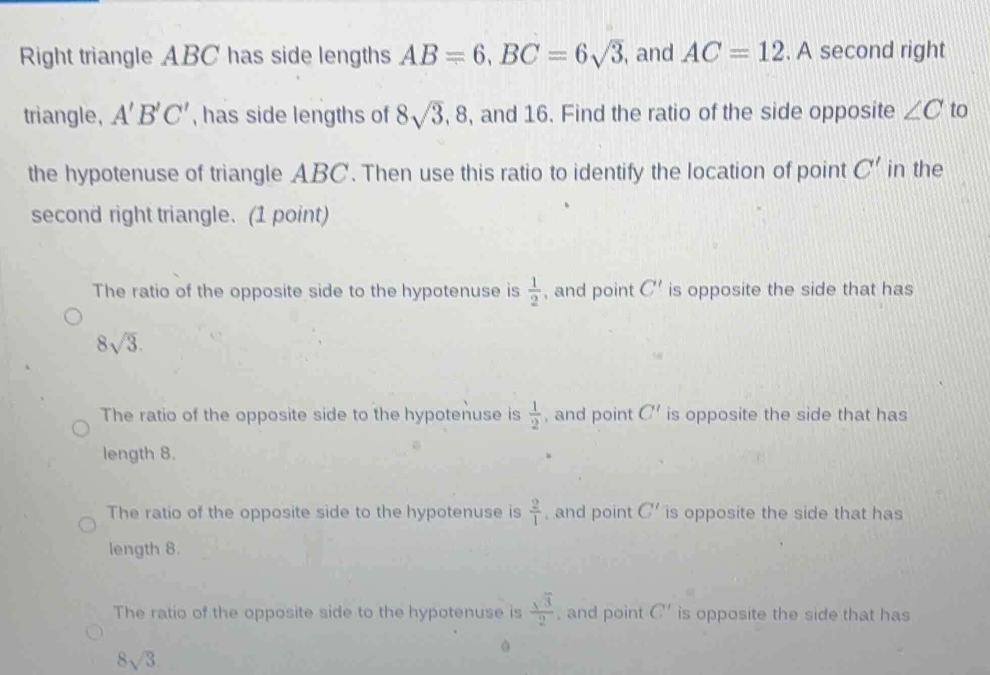 right triangle $abc$ has side lengths $ab = 6$, $bc = 6\\sqrt{3}$, and …
