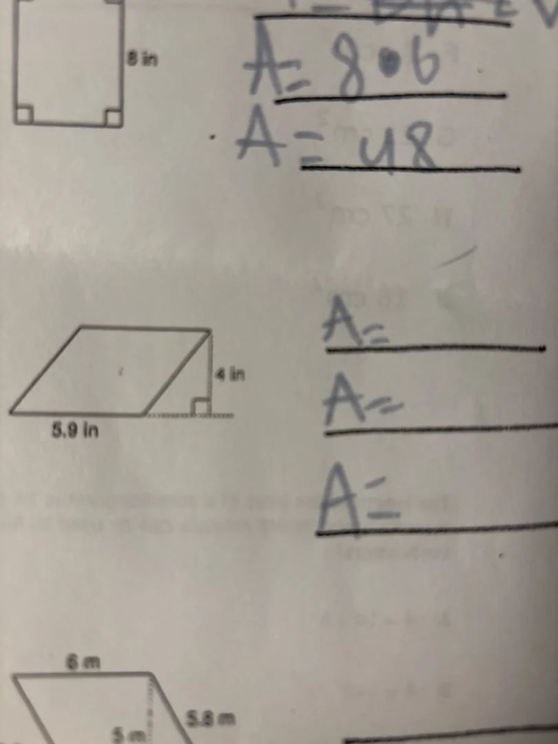 1. (square with side length 8 in) $a=$ $a=$ 2. (parallelogram with base…
