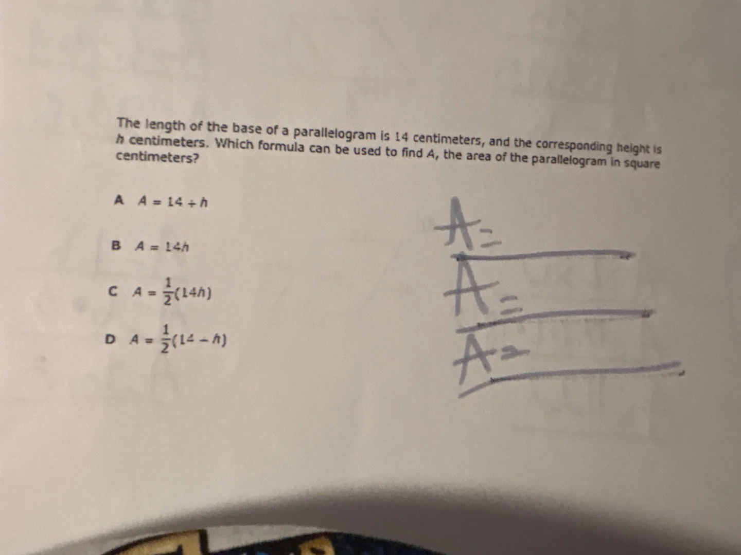 the length of the base of a parallelogram is 14 centimeters, and the co…