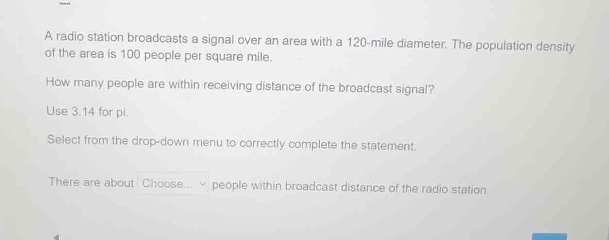 a radio station broadcasts a signal over an area with a 120-mile diamet…