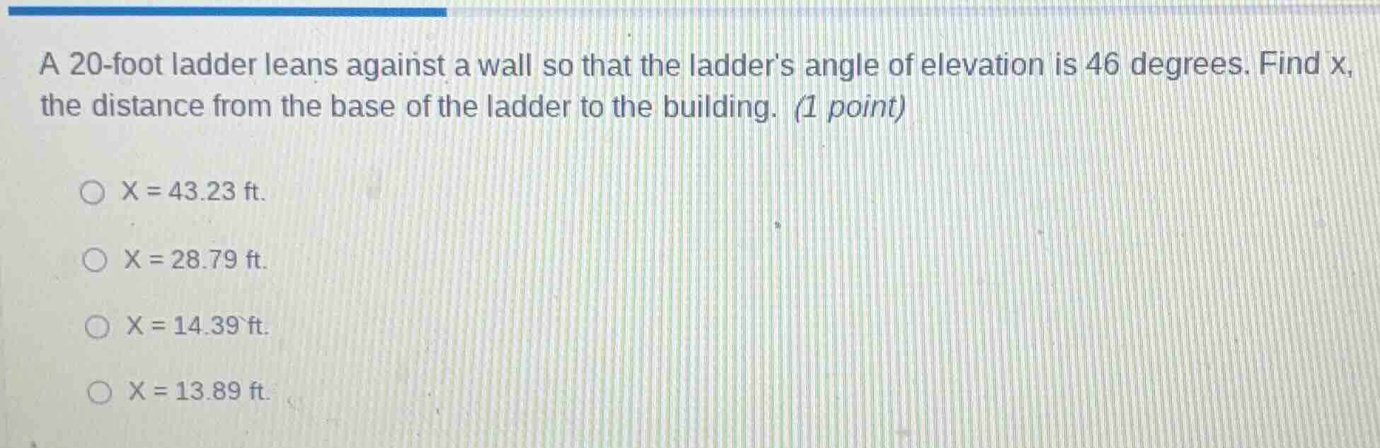 a 20-foot ladder leans against a wall so that the ladders angle of elev…