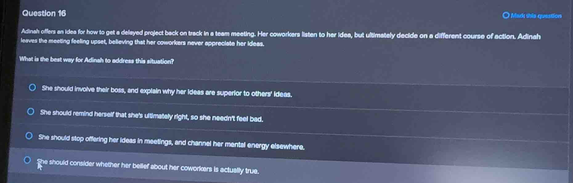 question 16 mark this question adinah offers an idea for how to get a d…