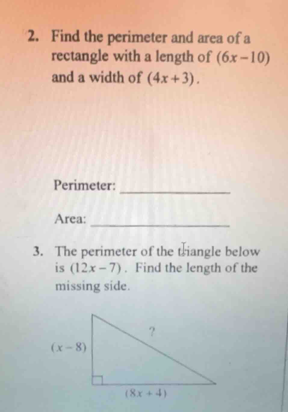 2. find the perimeter and area of a rectangle with a length of $(6x-10)…