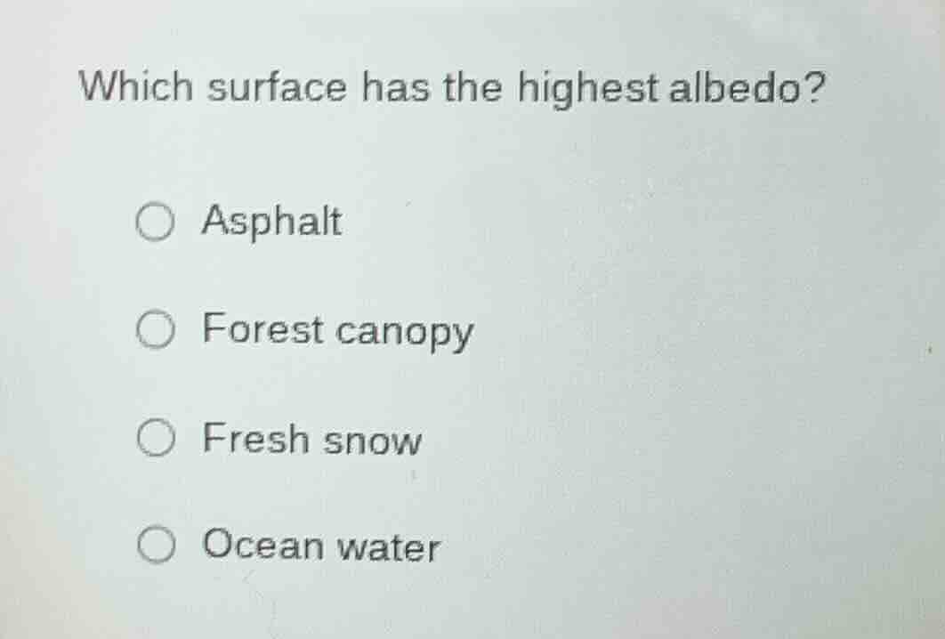 which surface has the highest albedo? ○ asphalt ○ forest canopy ○ fresh…