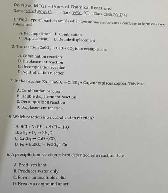 do now: mcqs – types of chemical reactions name: date: class: 1. which …