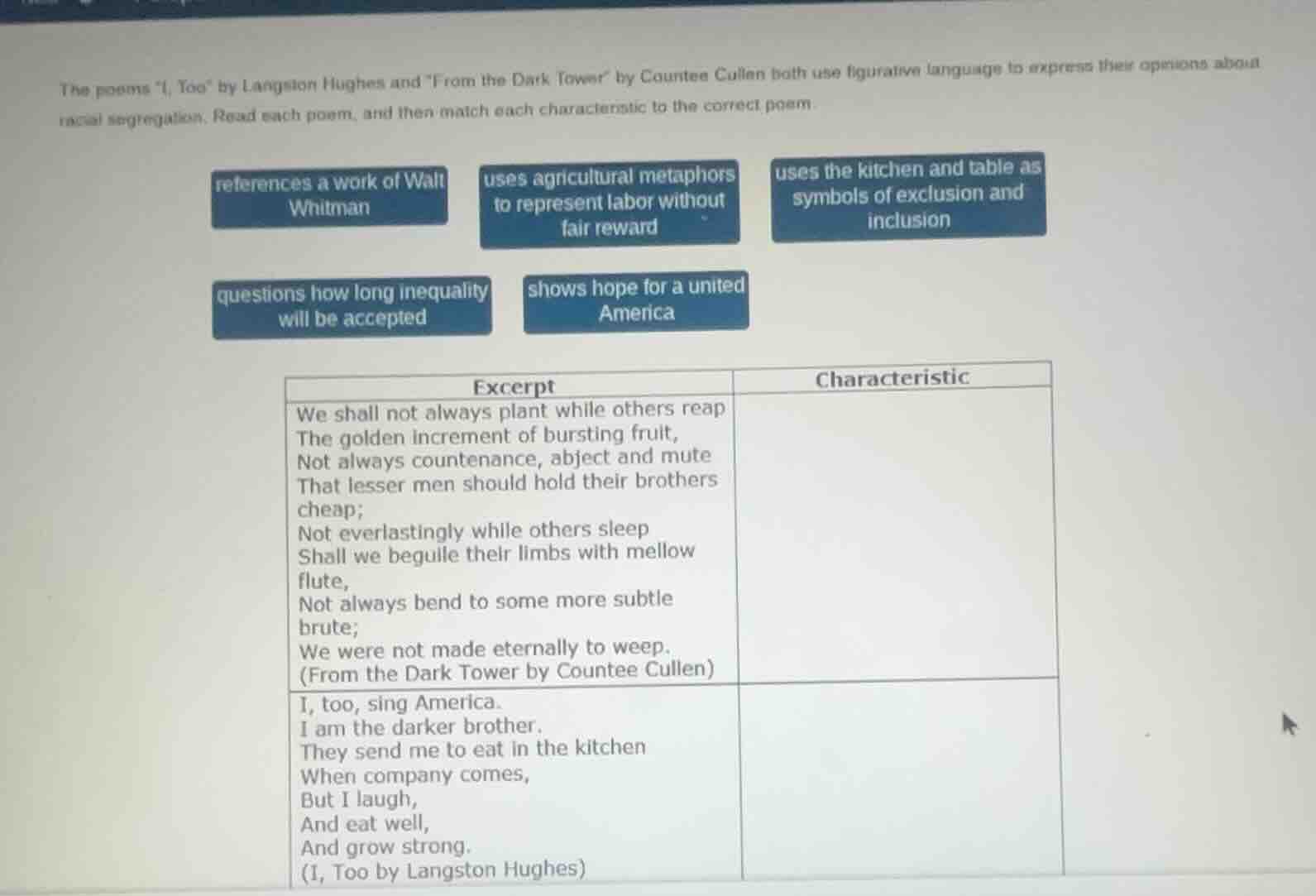 the poems \i, too\ by langston hughes and \from the dark tower\ by coun…