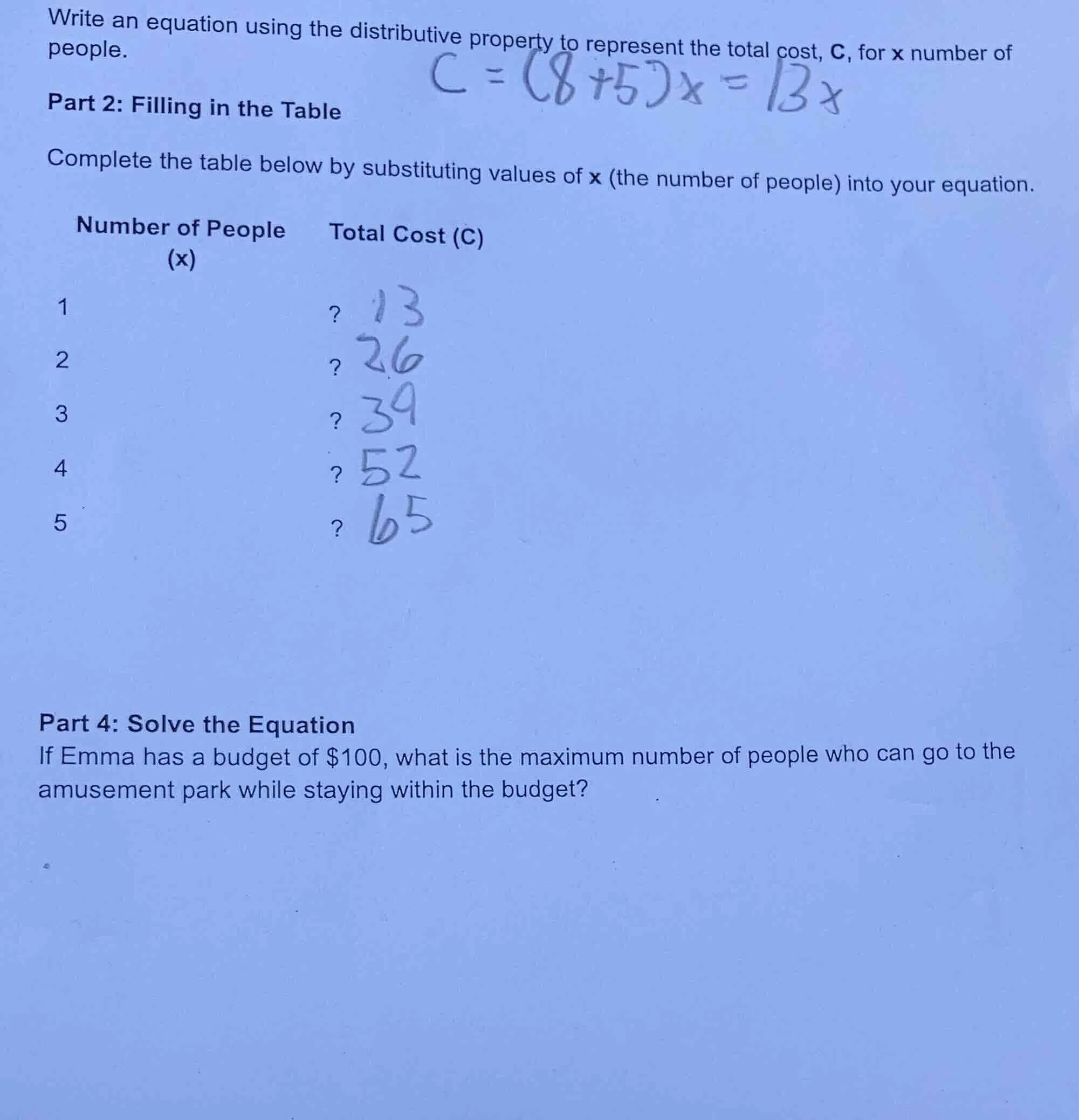 write an equation using the distributive property to represent the tota…