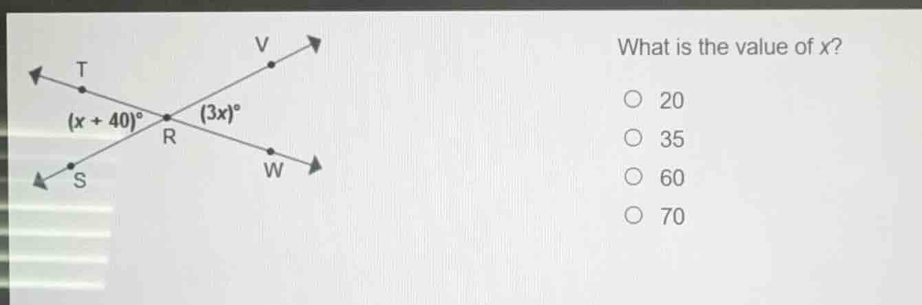 what is the value of x? 20 35 60 70 $(x + 40)^circ$ $(3x)^circ$