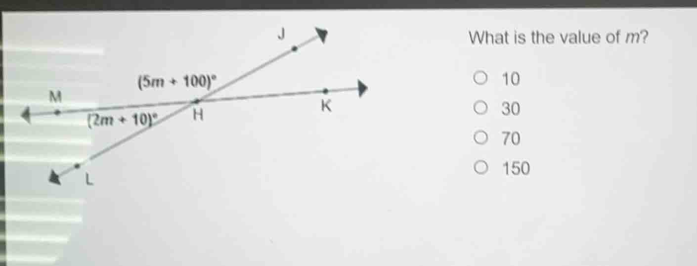 what is the value of m? ○ 10 ○ 30 ○ 70 ○ 150 $(5m + 100)^circ$ $(2m + 1…