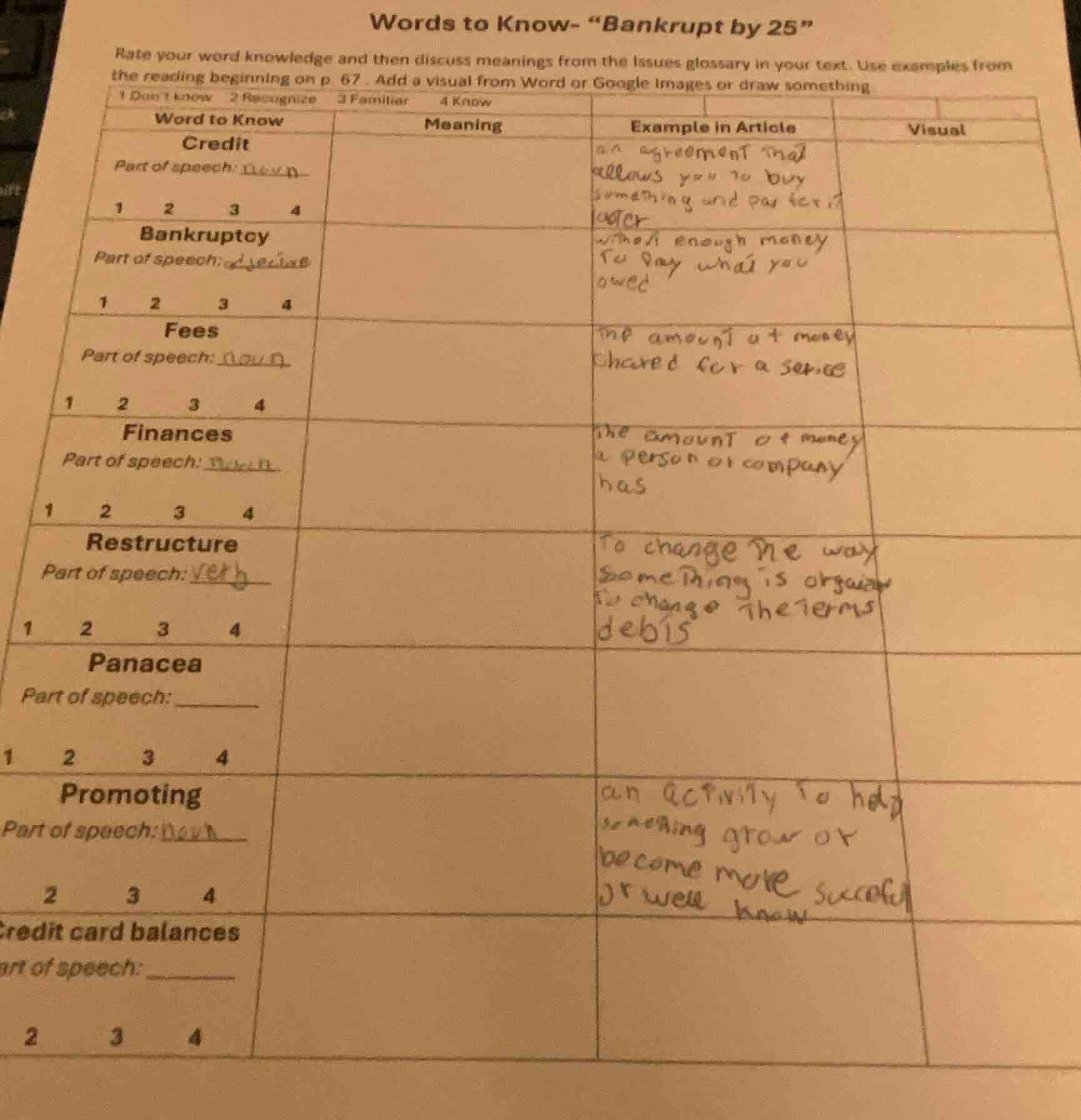 words to know- “bankrupt by 25” rate your word knowledge and then discu…