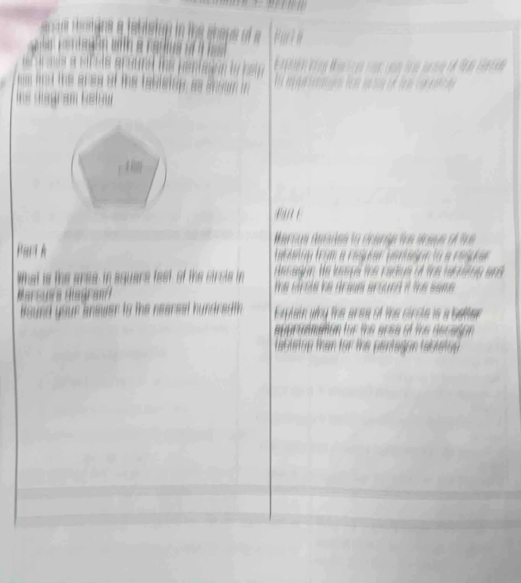 marcus designs a tabletop in the shape of a regular pentagon with a rad…