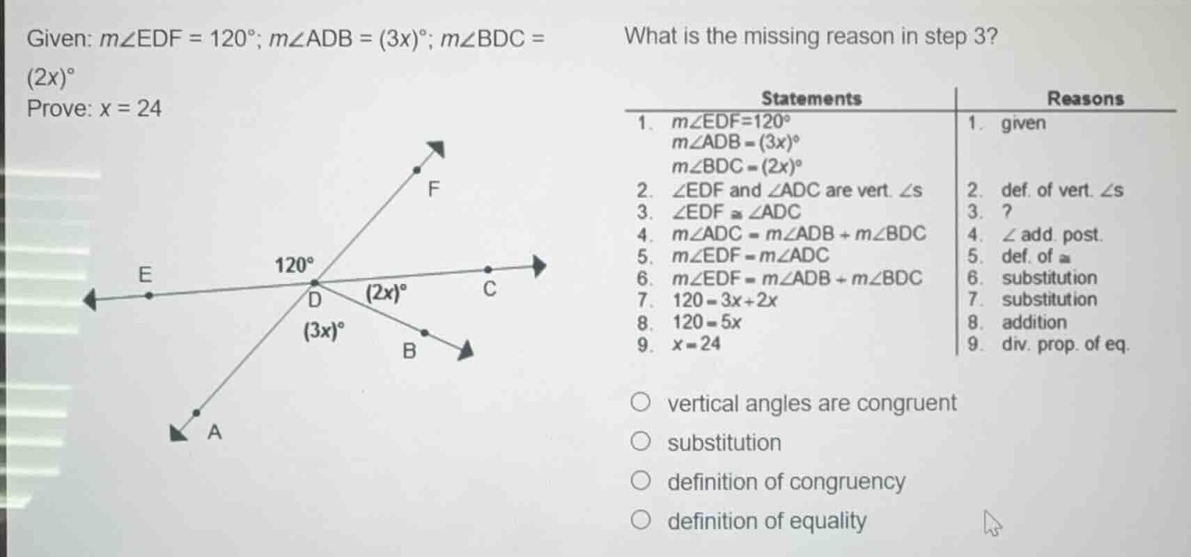 given: $m\\angle edf = 120^\\circ$; $m\\angle adb = (3x)^\\circ$; $m\\a…