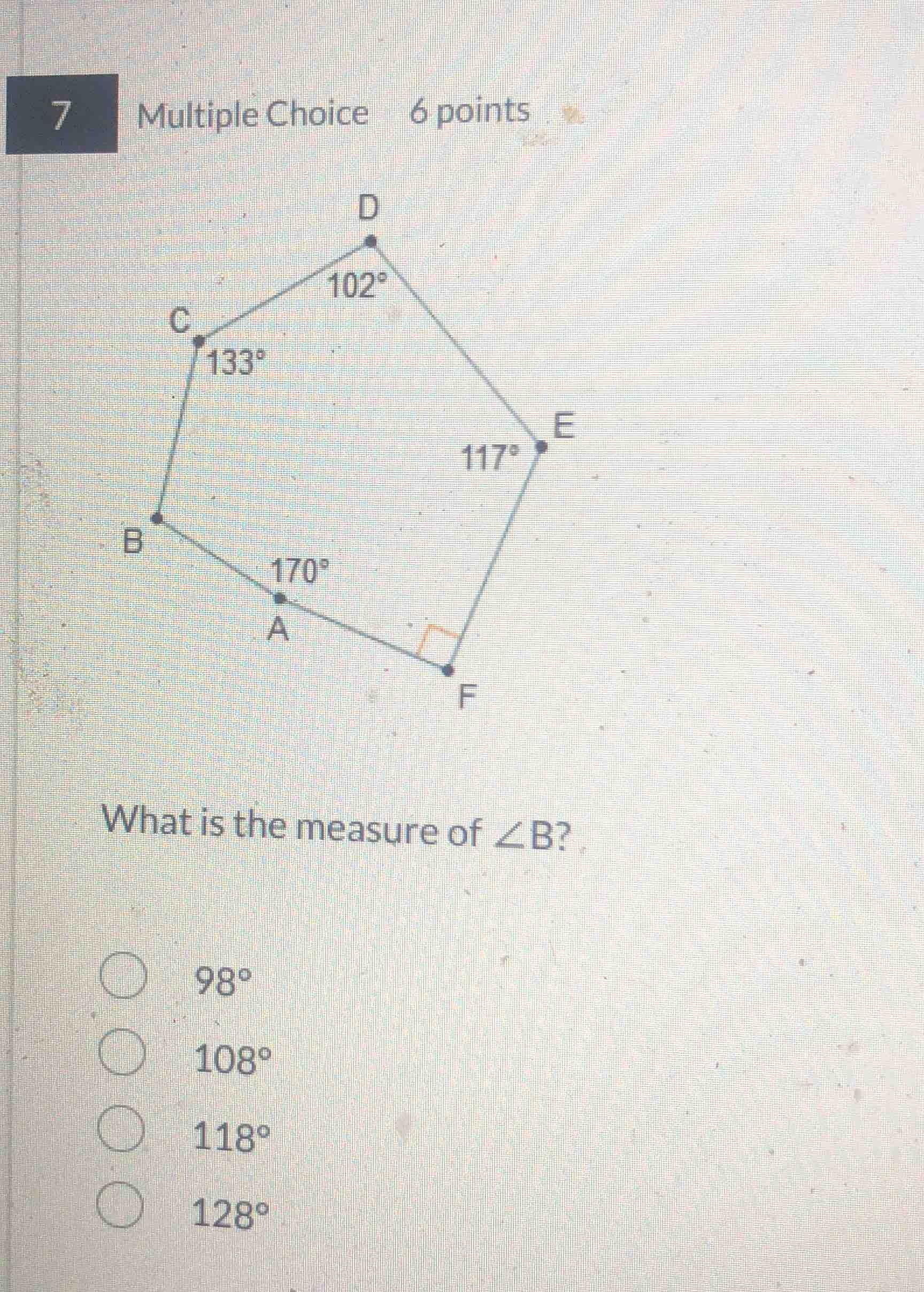 7 multiple choice 6 points what is the measure of $angle b$ $\bigcirc$ …