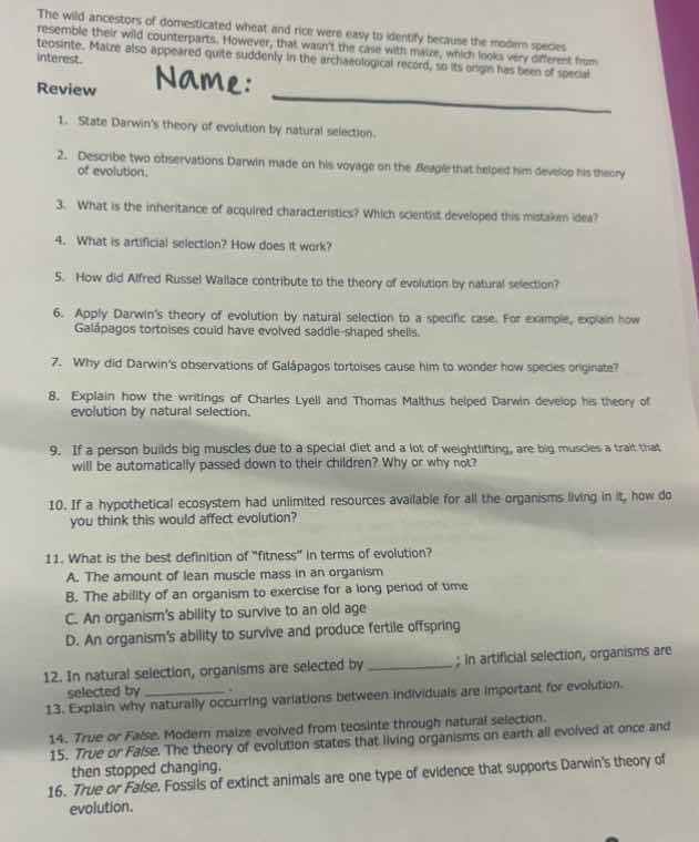 review 1. state darwins theory of evolution by natural selection. 2. de…