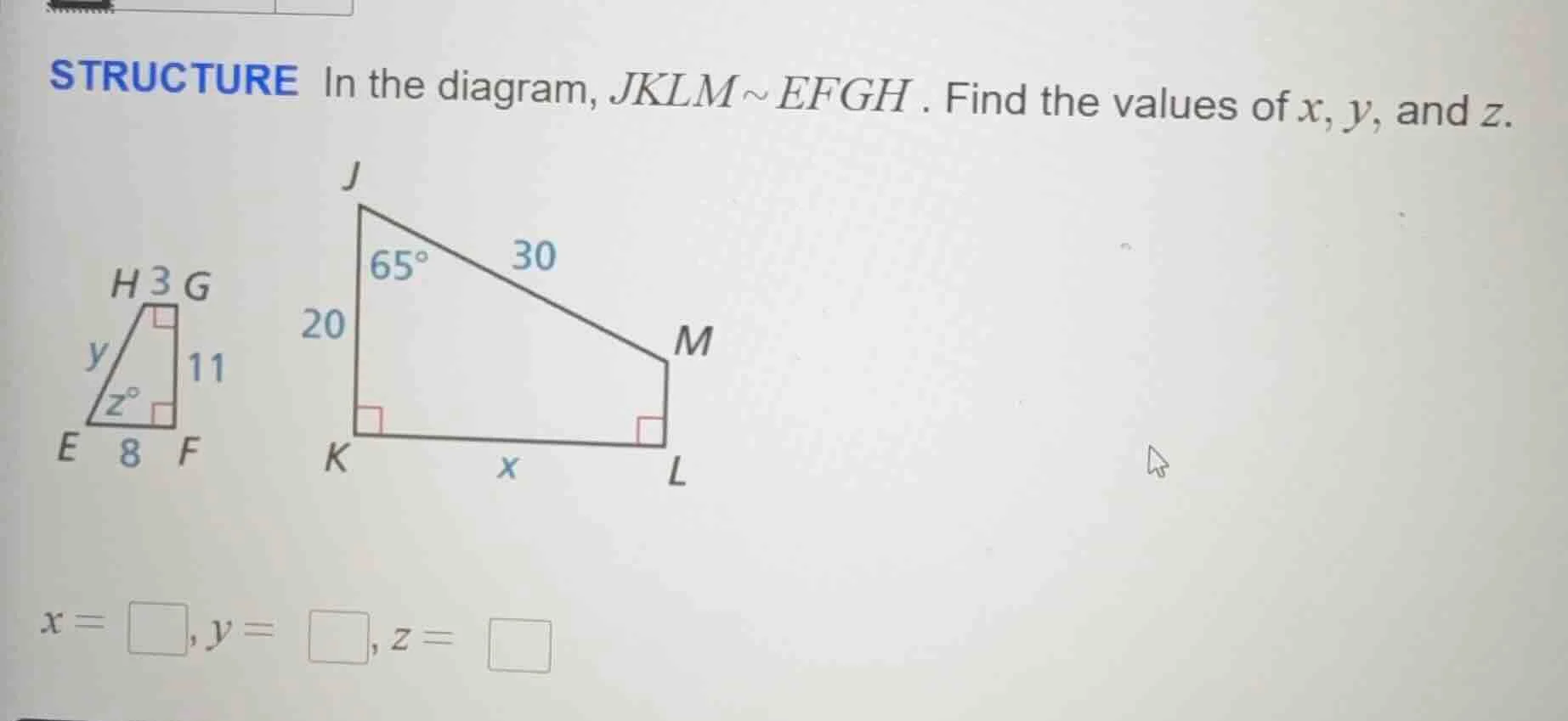 structure in the diagram, $jklm \\sim efgh$. find the values of $x$, $y…
