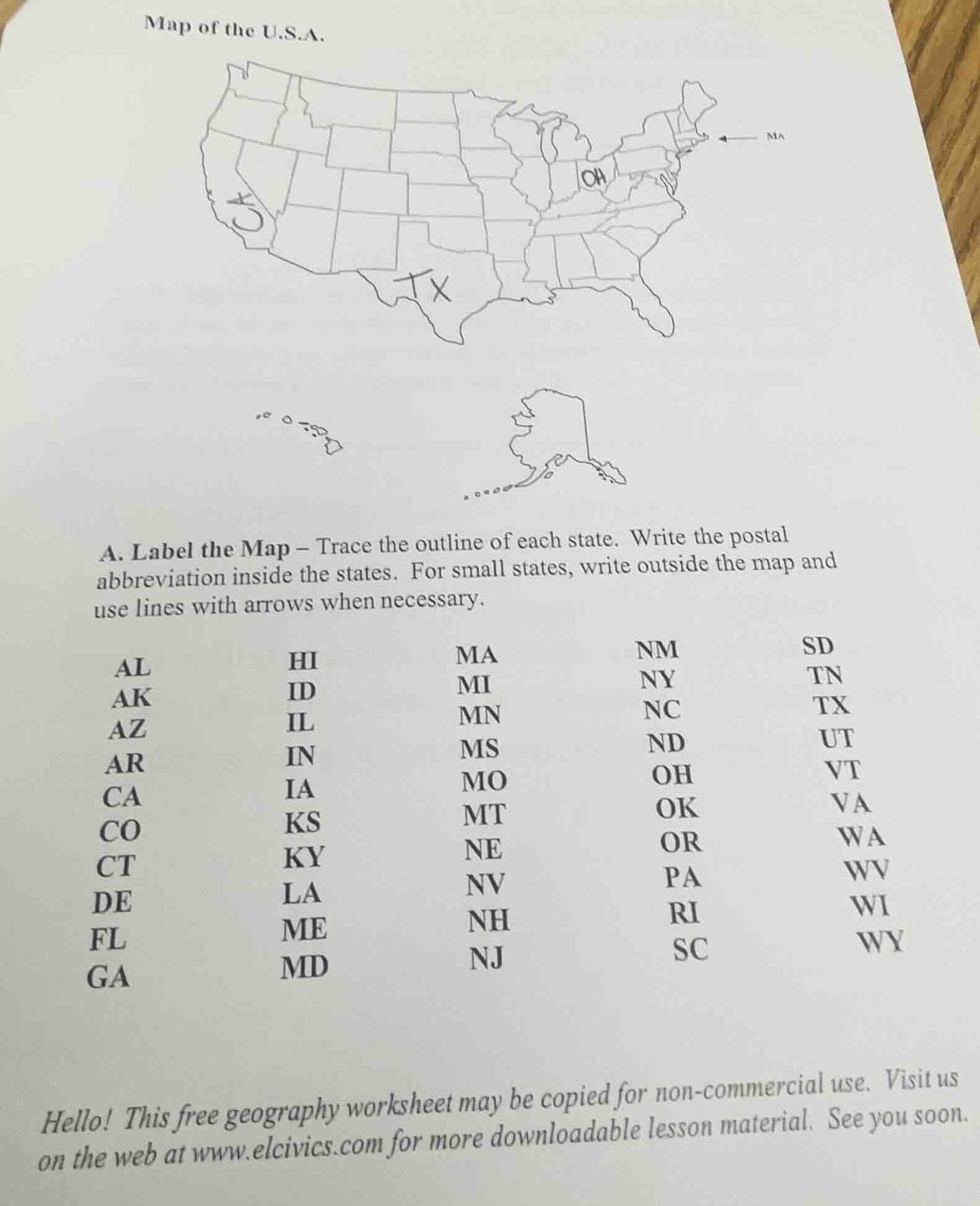 map of the u.s.a. a. label the map – trace the outline of each state. w…