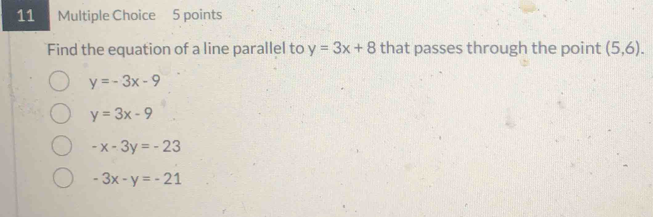 11 multiple choice 5 points find the equation of a line parallel to $y …